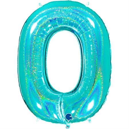 Foil balloon "NUMBER 0" holo glitter tiffany